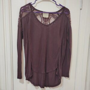 Free People Top Womens SP Small Deep Plum Gatsby Lace Panel Distressed Hem Shirt